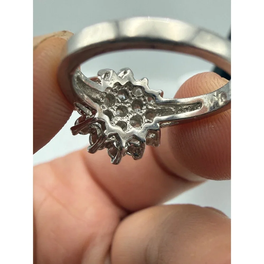 Silver Tone Flower Cluster Cubic Zirconia Statement Ring Size 6